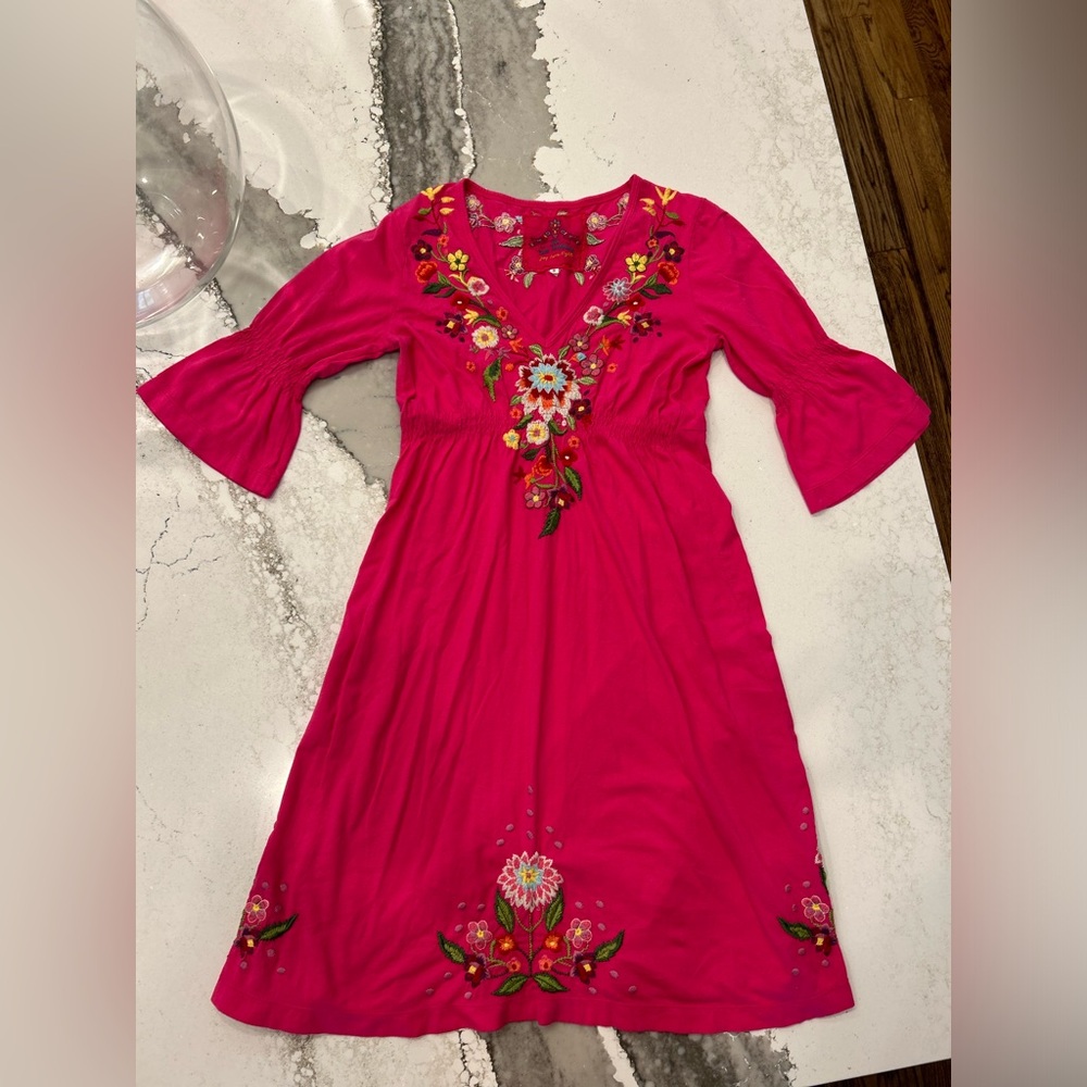 Johnny Was JW LA Pink Embroidered Floral V Neck Dress